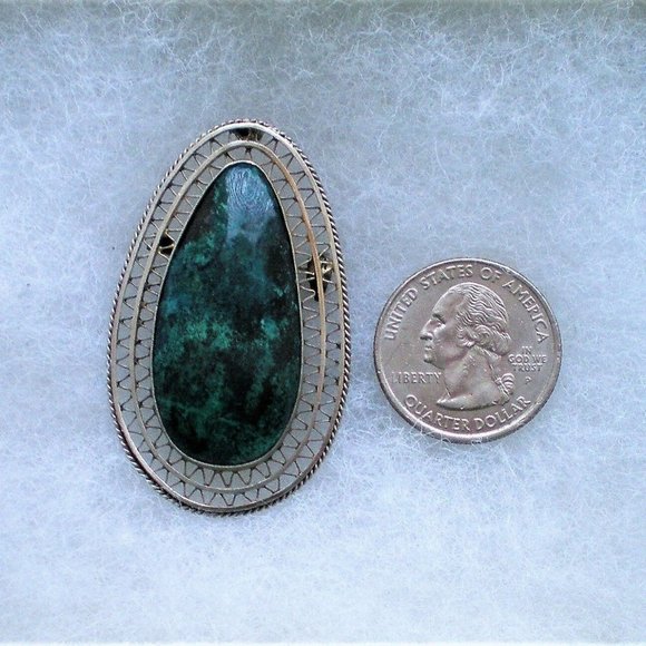 Vintage LARGE Israel Sterling Silver 925 Eilat Stone Filigree Brooch Pin Pendant - Picture 2 of 4